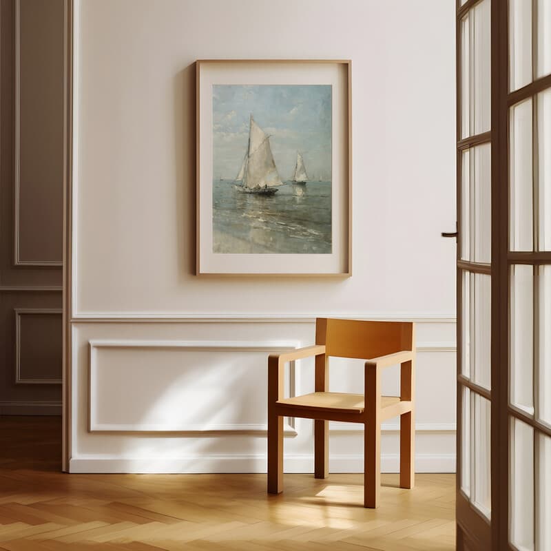 Room view with a matted frame of An impressionist oil painting, a group of sailboats in the sea, distant view