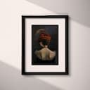 Matted frame view of A vintage oil painting, a woman with a feather in her hat, back view