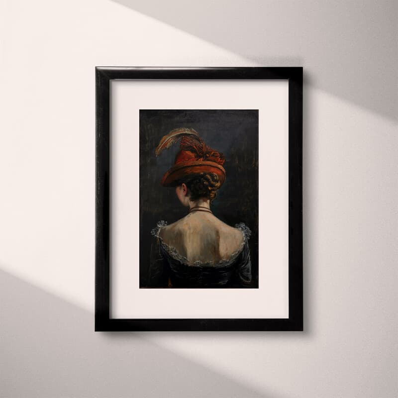 Matted frame view of A vintage oil painting, a woman with a feather in her hat, back view