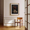 Room view with a matted frame of A vintage oil painting, a woman with a feather in her hat, back view