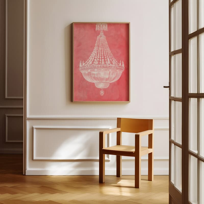 Room view with a full frame of An art deco pastel pencil illustration, a chandelier