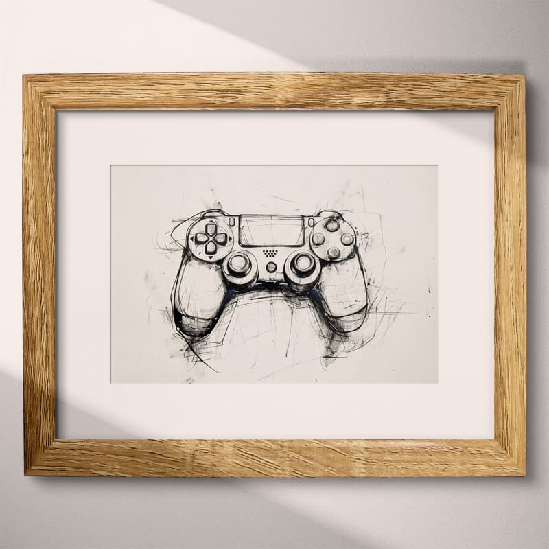 Matted frame view of A retro graphite sketch, a video game controller