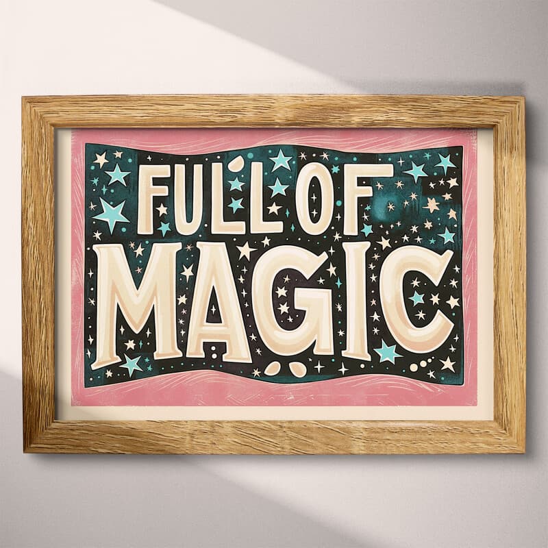 Full frame view of A vintage linocut print, the words "FULL OF MAGIC" with stars