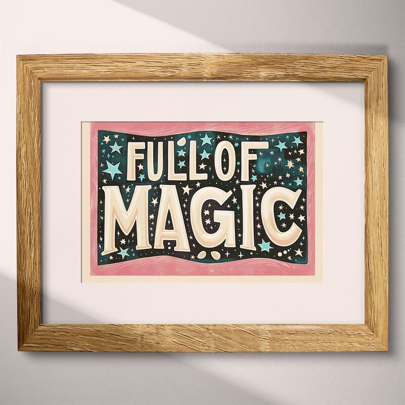 Matted frame view of A vintage linocut print, the words "FULL OF MAGIC" with stars