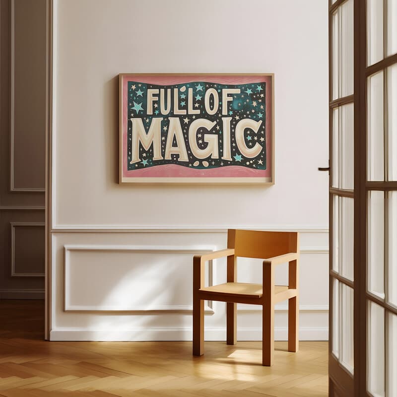 Room view with a full frame of A vintage linocut print, the words "FULL OF MAGIC" with stars