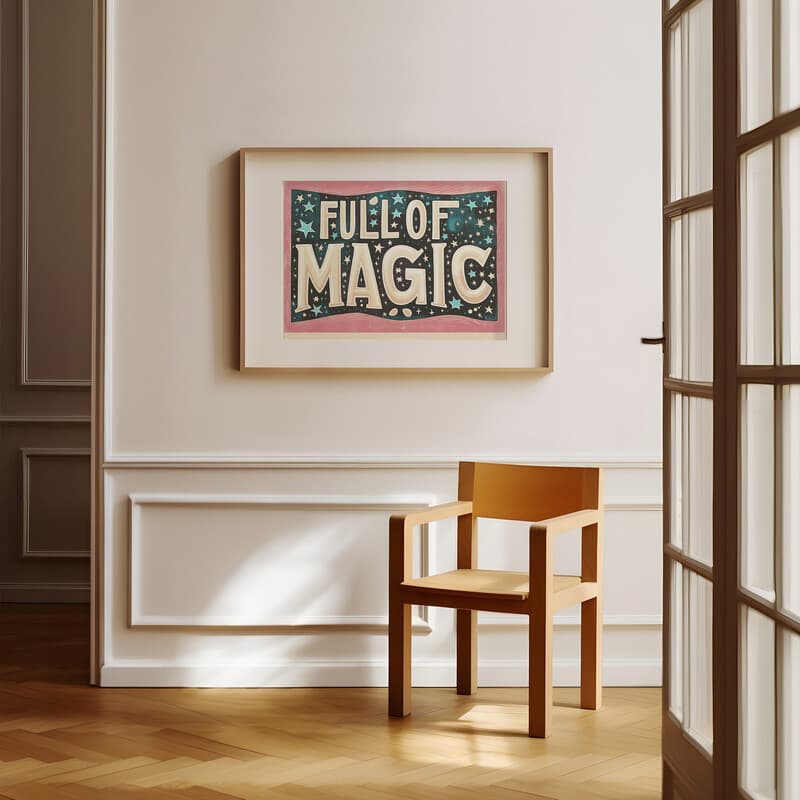 Room view with a matted frame of A vintage linocut print, the words "FULL OF MAGIC" with stars