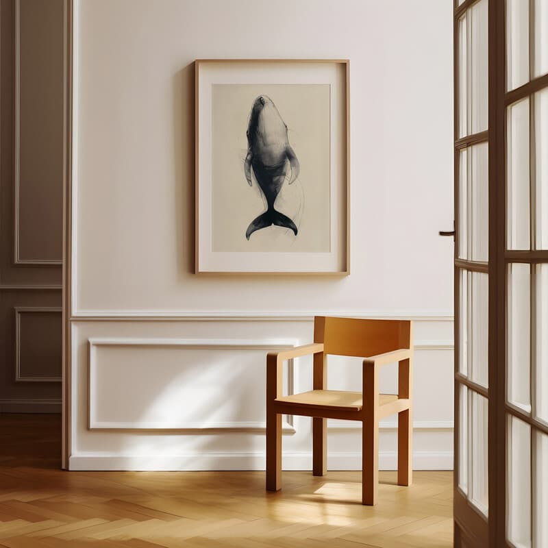 Room view with a matted frame of A vintage pencil sketch, a whale