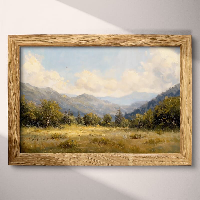 Full frame view of An impressionist oil painting, mountain valley, trees in the distance, puffy clouds