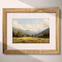 Matted frame view of An impressionist oil painting, mountain valley, trees in the distance, puffy clouds