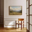 Room view with a full frame of An impressionist oil painting, mountain valley, trees in the distance, puffy clouds