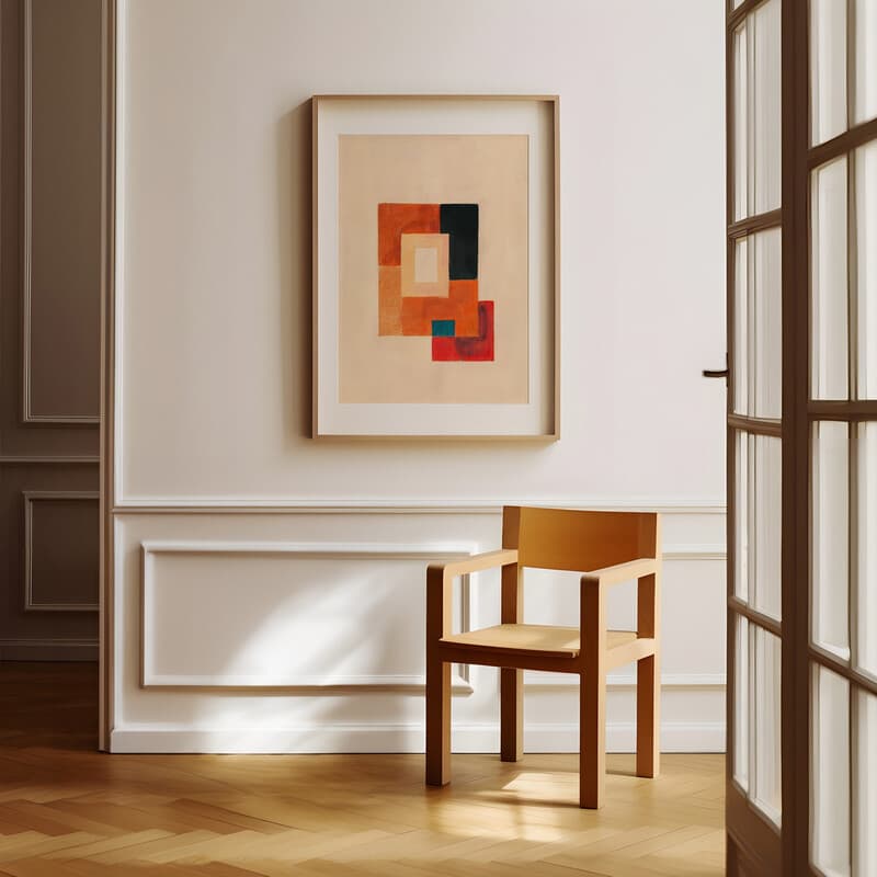 Room view with a matted frame of An abstract minimalist pastel pencil illustration, squares