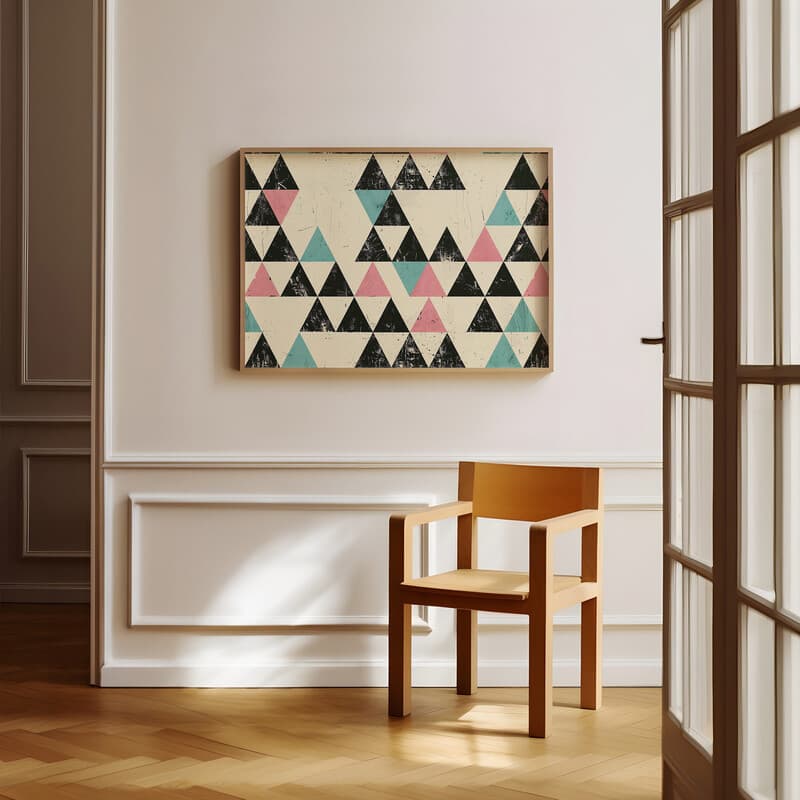 Room view with a full frame of A contemporary textile print, symmetric triangle pattern