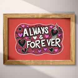 Always Forever Art | Romantic Wall Art | Red, Black, White, Pink, Gray and Brown Print | Vintage Decor | Bedroom Wall Decor | Anniversary Digital Download | Valentine's Day Art | Linocut Print