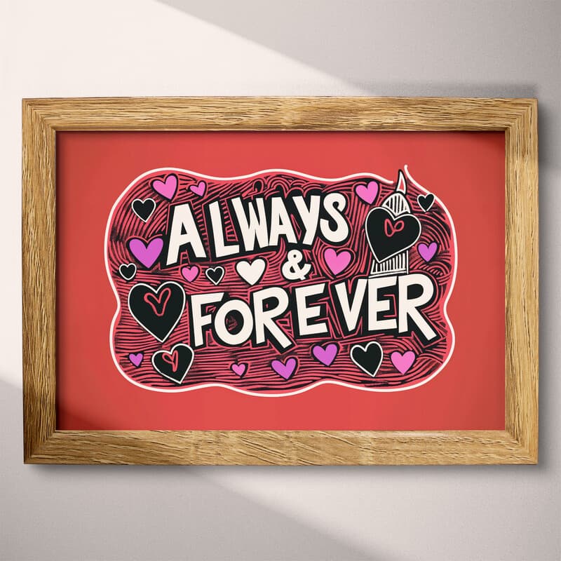 Full frame view of A vintage linocut print, the words "ALWAYS & FOREVER" with hearts