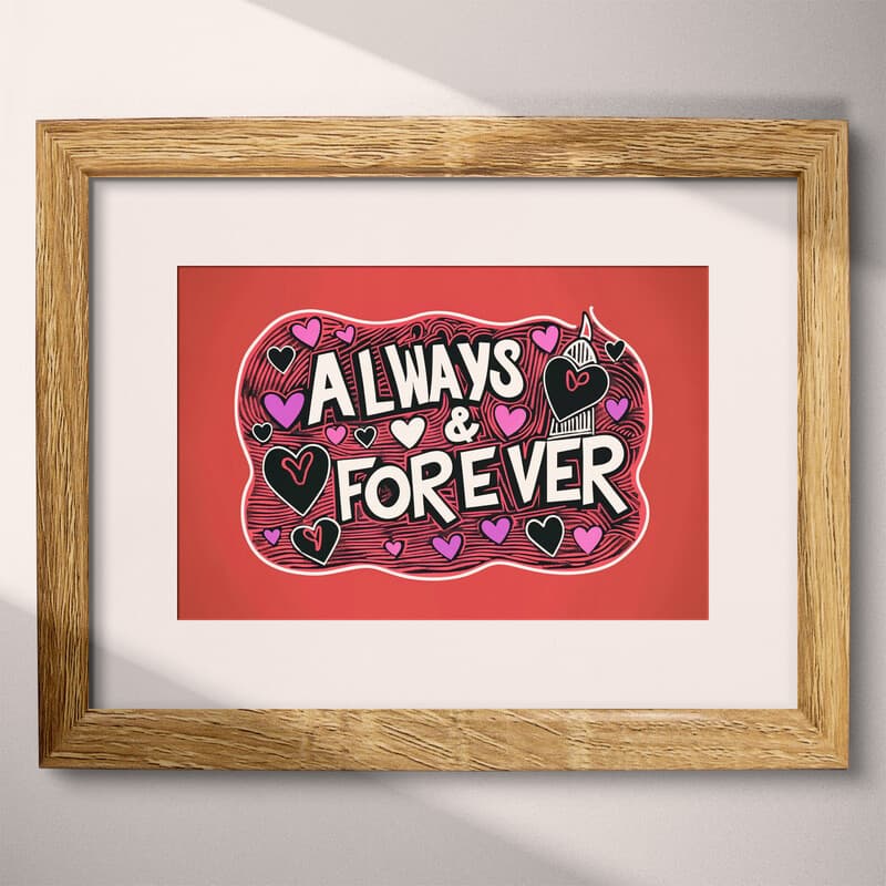 Matted frame view of A vintage linocut print, the words "ALWAYS & FOREVER" with hearts