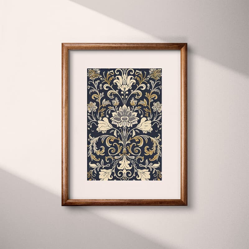 Matted frame view of A baroque linocut print, symmetric intricate floral pattern