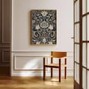 Room view with a full frame of A baroque linocut print, symmetric intricate floral pattern