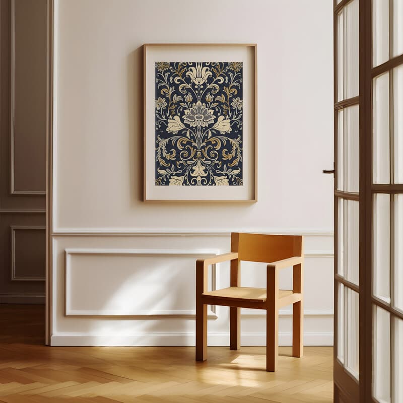Room view with a matted frame of A baroque linocut print, symmetric intricate floral pattern