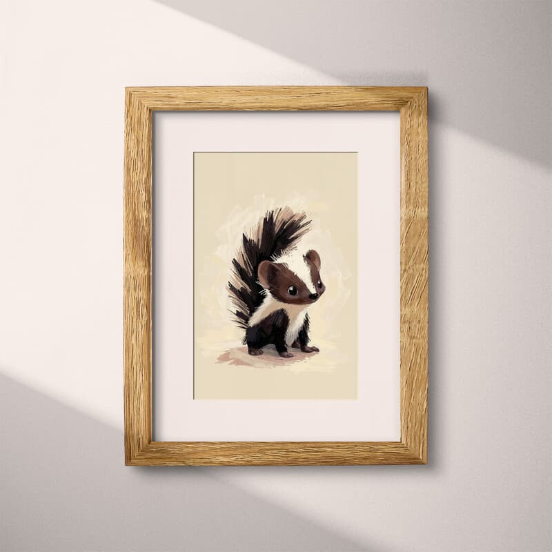 Matted frame view of A cute chibi anime pastel pencil illustration, a skunk