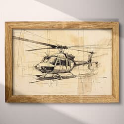 Helicopter Art | Aviation Wall Art | White, Black and Brown Print | Vintage Decor | Office Wall Decor | Veterans Day Digital Download | Graphite Sketch