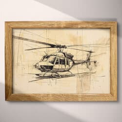 Helicopter Art | Aviation Wall Art | White, Black and Brown Print | Vintage Decor | Office Wall Decor | Veterans Day Digital Download | Graphite Sketch