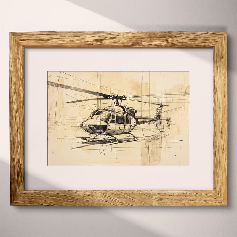 Matted frame view of A vintage graphite sketch, a helicopter