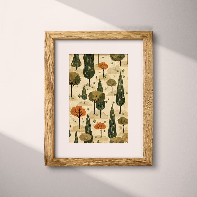 Matted frame view of A wabi sabi textile print, pattern of trees