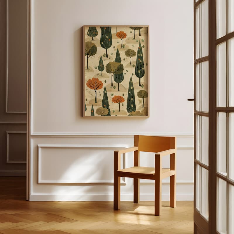 Room view with a full frame of A wabi sabi textile print, pattern of trees