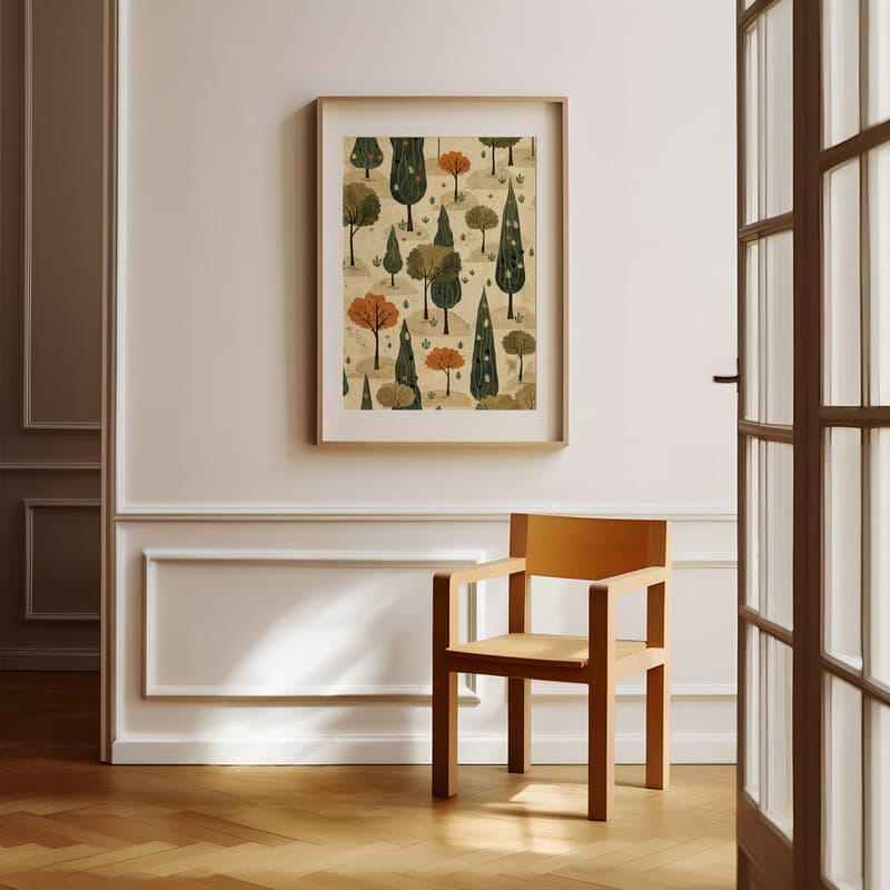 Room view with a matted frame of A wabi sabi textile print, pattern of trees