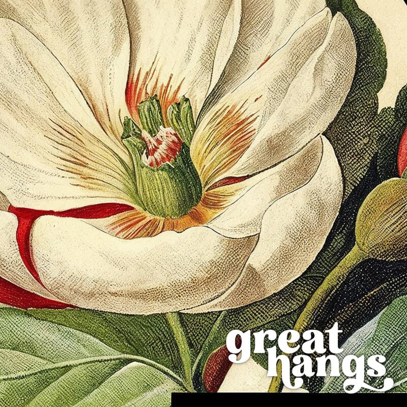 Closeup view of A vintage pastel pencil illustration, the letter "G" with a flower