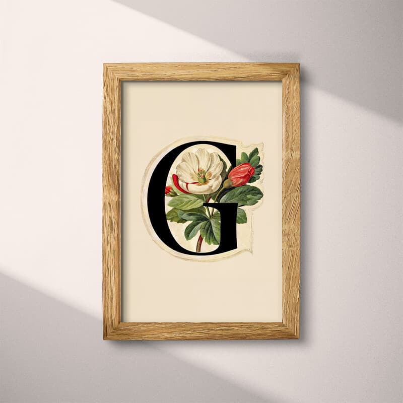 Full frame view of A vintage pastel pencil illustration, the letter "G" with a flower