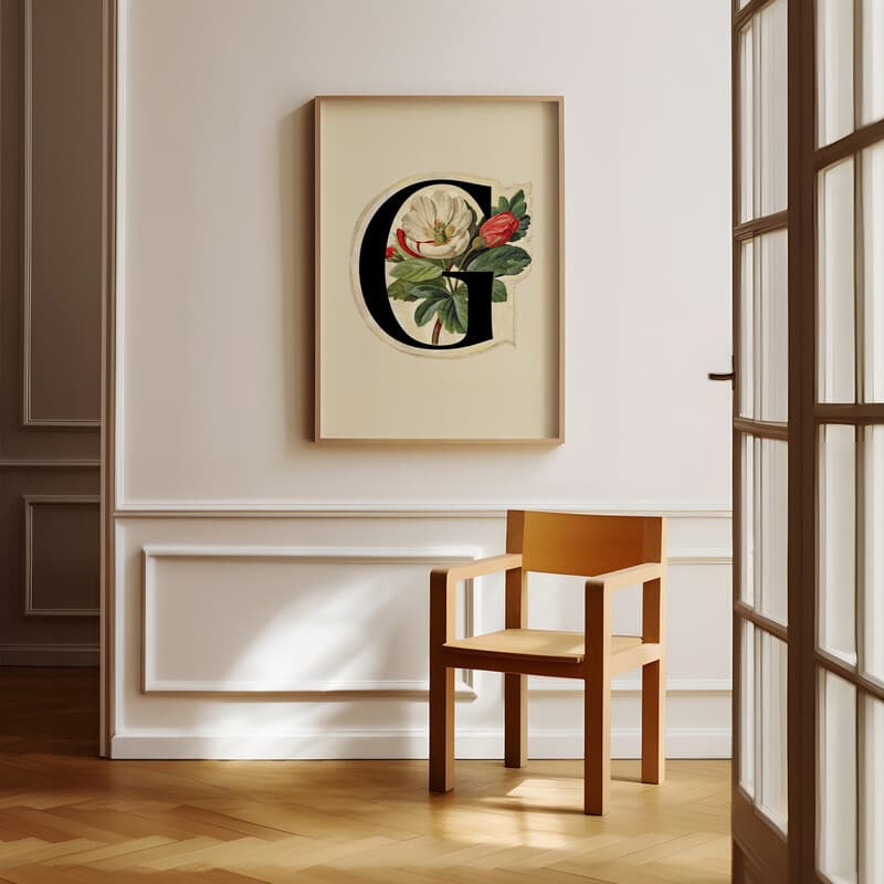 Room view with a full frame of A vintage pastel pencil illustration, the letter "G" with a flower