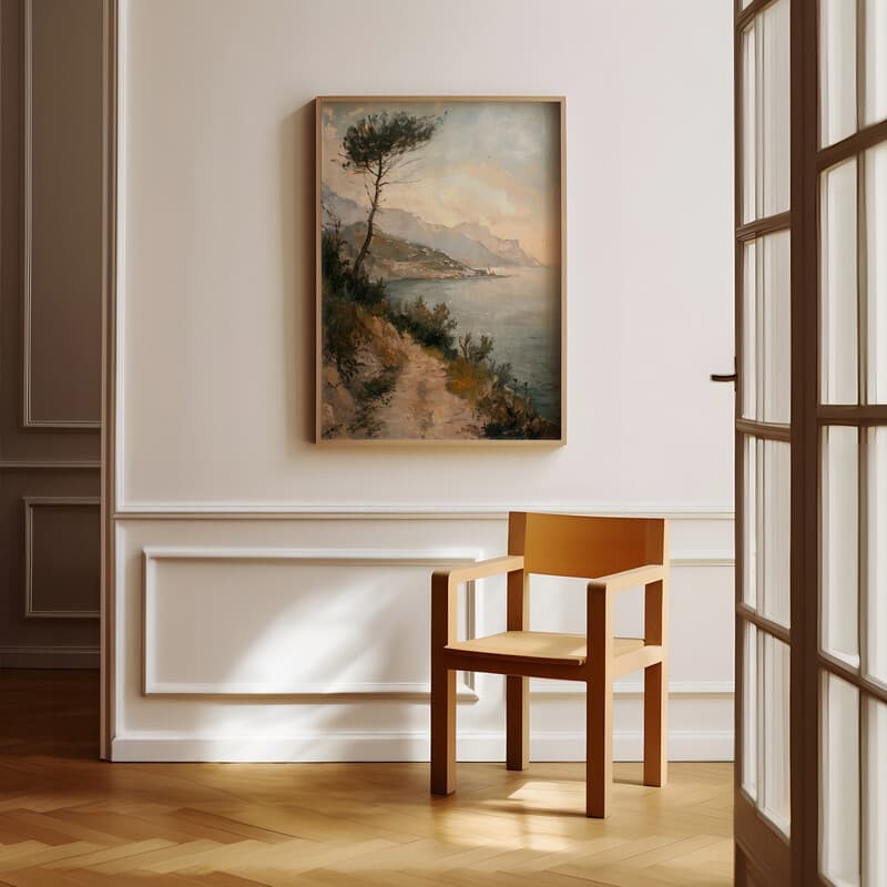 Room view with a full frame of An impressionist oil painting, mediterranean coastline