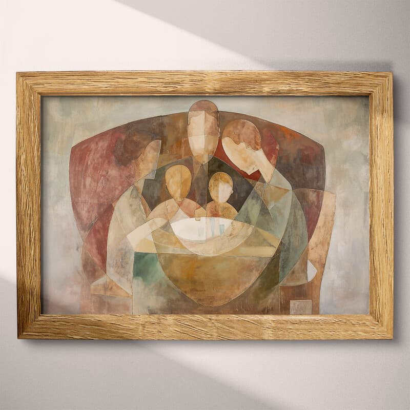 Full frame view of An abstract mid-century oil painting, a family at the dinner table