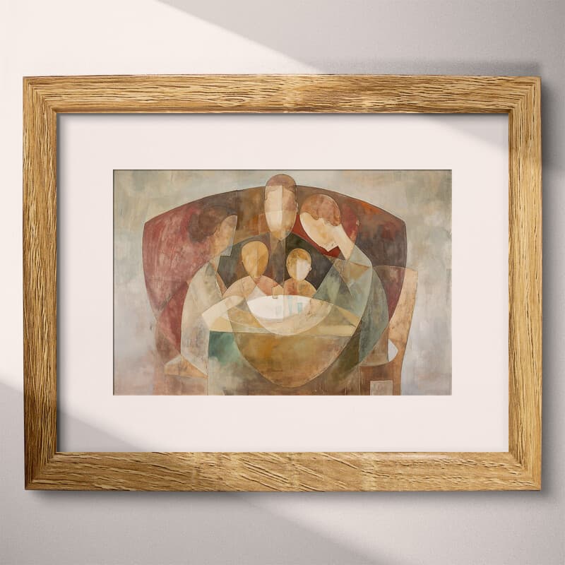 Matted frame view of An abstract mid-century oil painting, a family at the dinner table