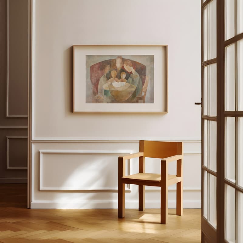 Room view with a matted frame of An abstract mid-century oil painting, a family at the dinner table