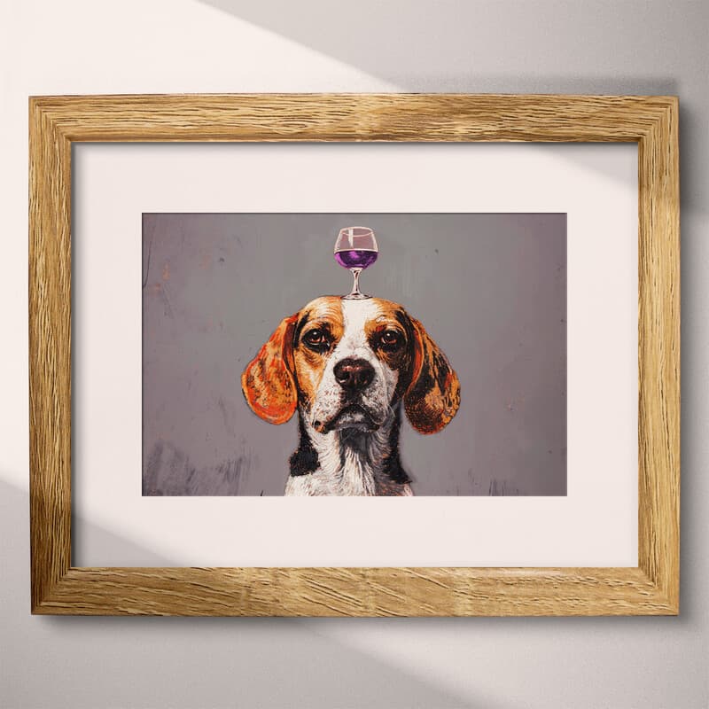 Matted frame view of A vintage pastel pencil illustration, a dog with a glass of wine on its head