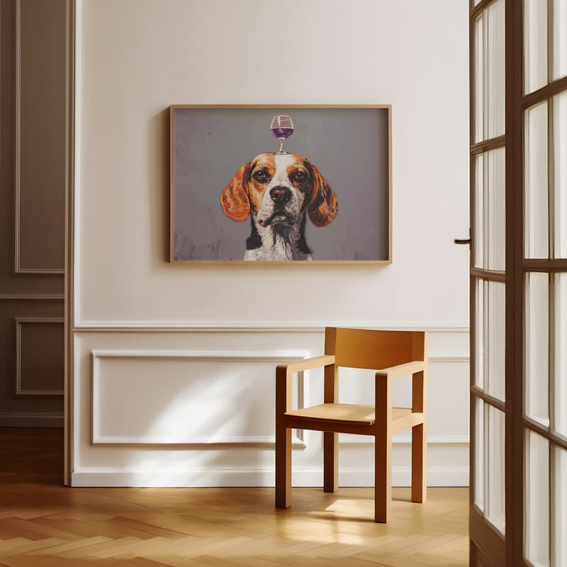 Room view with a full frame of A vintage pastel pencil illustration, a dog with a glass of wine on its head