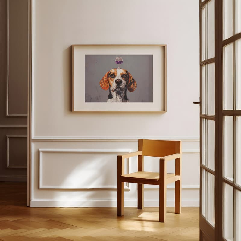 Room view with a matted frame of A vintage pastel pencil illustration, a dog with a glass of wine on its head