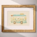 Matted frame view of A cute chibi anime pastel pencil illustration, a school bus