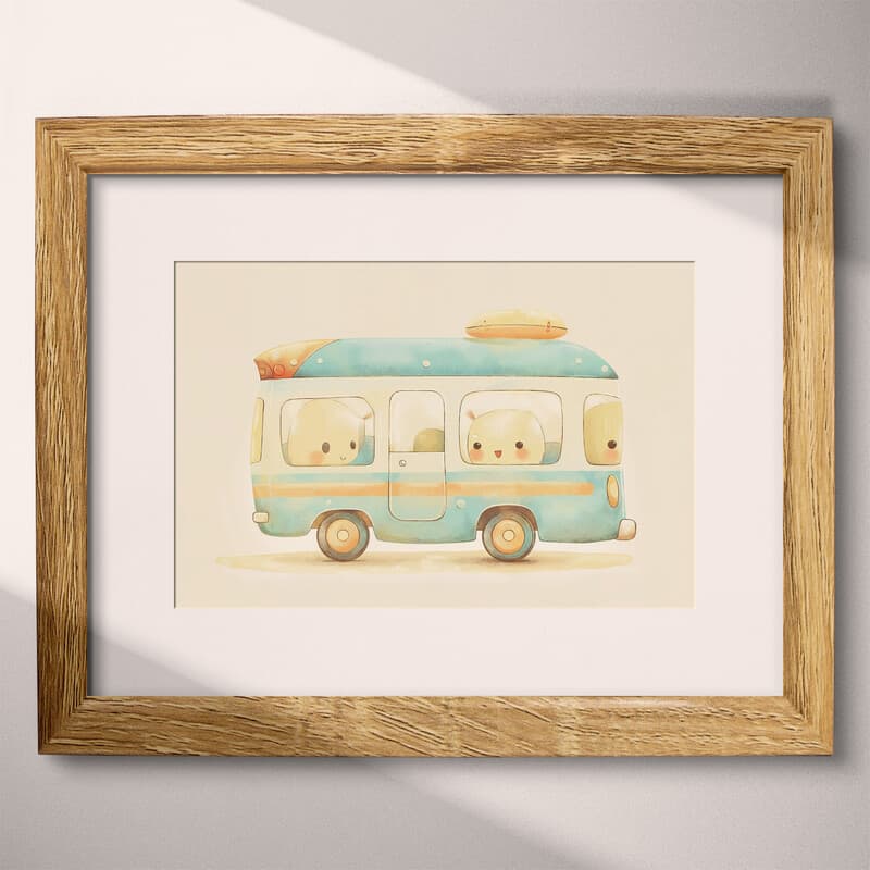 Matted frame view of A cute chibi anime pastel pencil illustration, a school bus