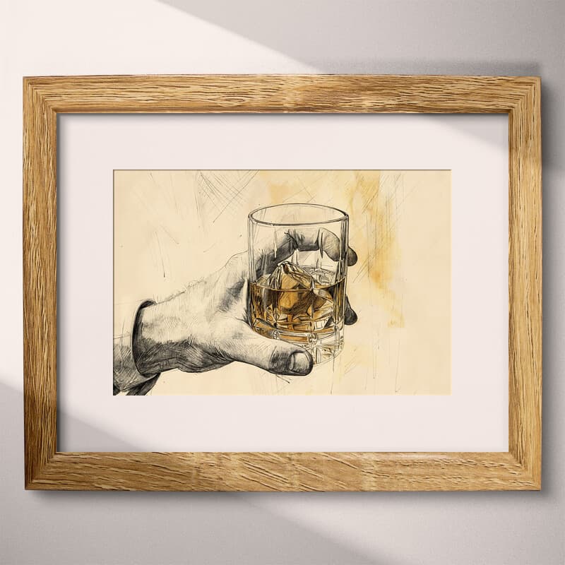 Matted frame view of A vintage graphite sketch, a man's hand holding a glass of whiskey