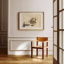 Room view with a matted frame of A vintage graphite sketch, a man's hand holding a glass of whiskey