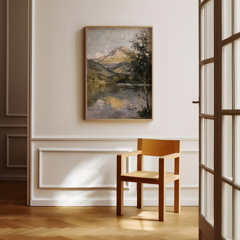 Room view with a full frame of An impressionist oil painting, lakeside mountain in the summer