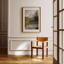 Room view with a matted frame of An impressionist oil painting, lakeside mountain in the summer