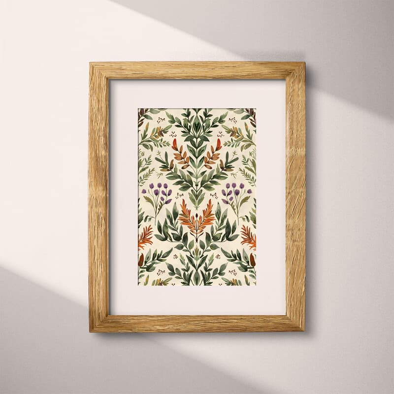 Matted frame view of A vintage textile print, symmetric plant pattern