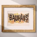 Matted frame view of A bauhaus linocut print, the word "BAUHAUS" with a pattern