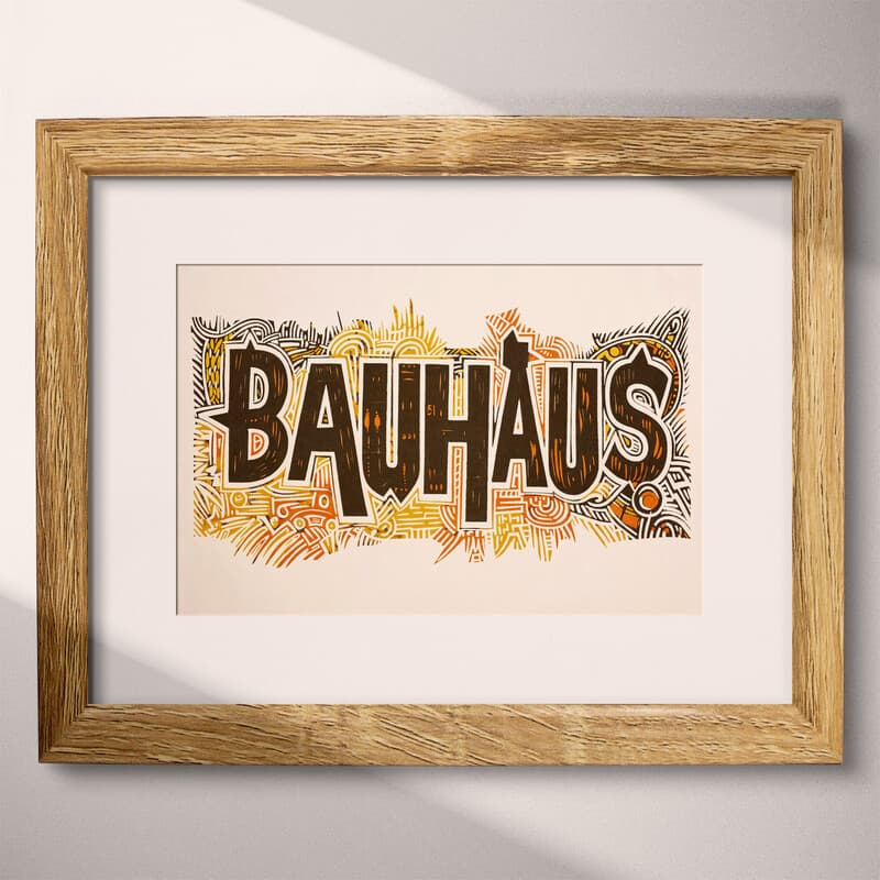 Matted frame view of A bauhaus linocut print, the word "BAUHAUS" with a pattern