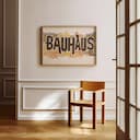 Room view with a full frame of A bauhaus linocut print, the word "BAUHAUS" with a pattern