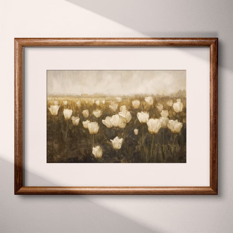 Matted frame view of An impressionist oil painting, a tulip field